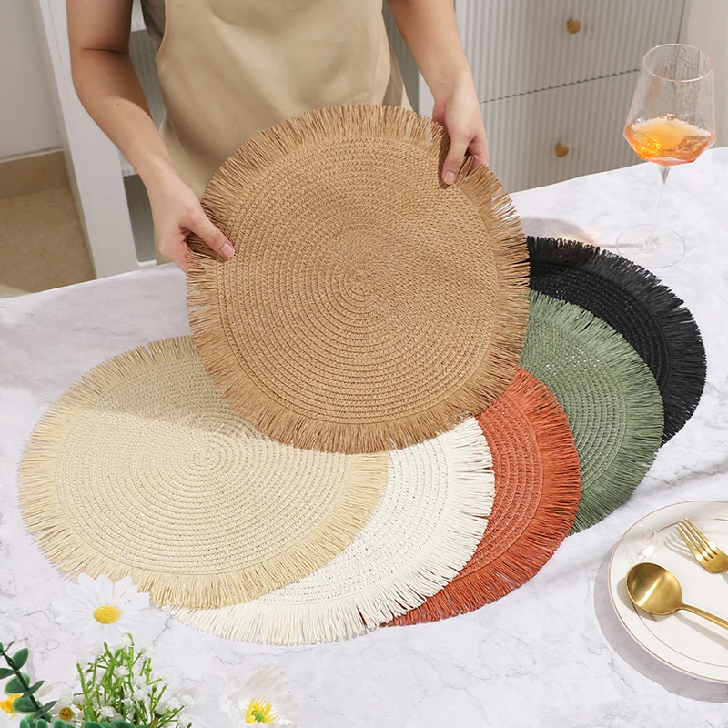 Round Braided Placemats Fringe Paper Table Mats Hand Woven Non-slip Insulation Place Mats Tea Cup Pad Dining Table Decorations