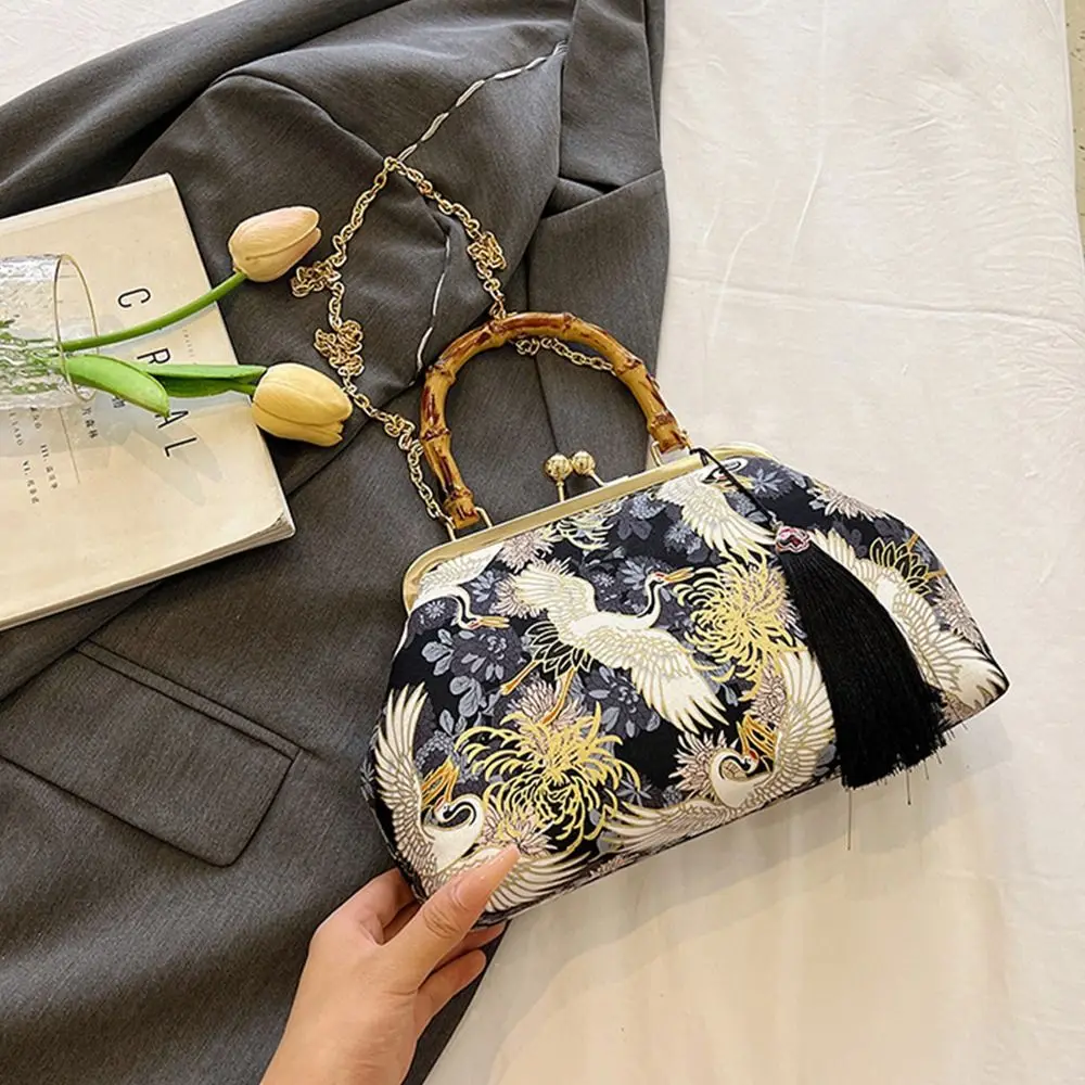 

Luxury Rattan Handle Evening Clutch Bag Red Crowned Crane Print Tassel Handbag Chain Shoulder Bags Bride Wedding Top-Handle Bags