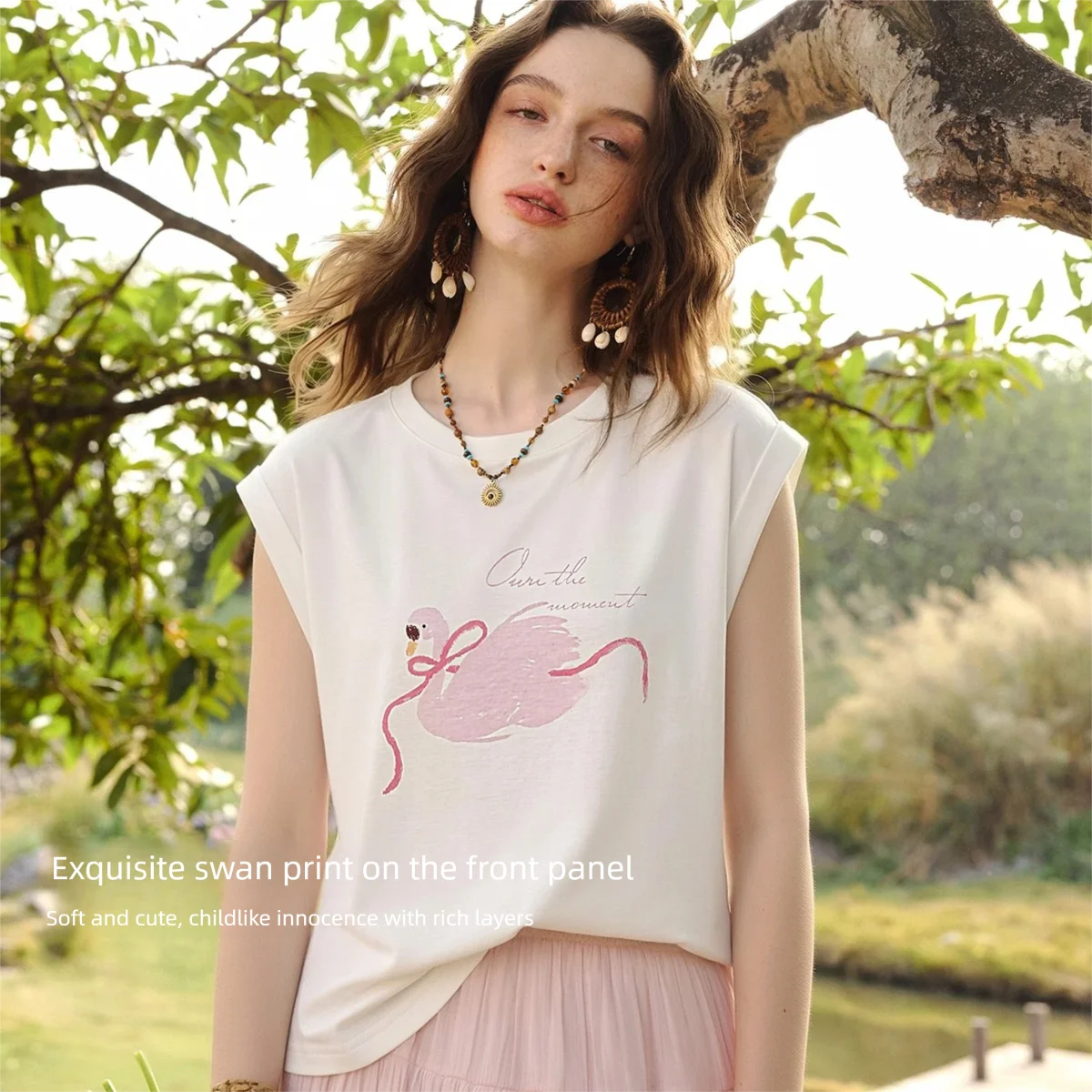 OLrain Versatile Crew Neck Cute Cartoon Print Women's T-shirt 2026 Summer Casual Loose Cotton Blend Sleeveless Top O58XT005111