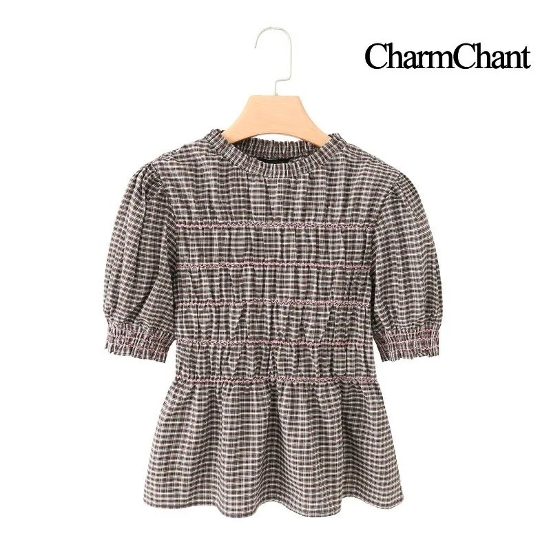 CHARMCHANT Cotton Gingham Puff Sleeve Smocked Blouse For Women Cute Peplum Top French Style Casual Round Neck Spring Summer 2026