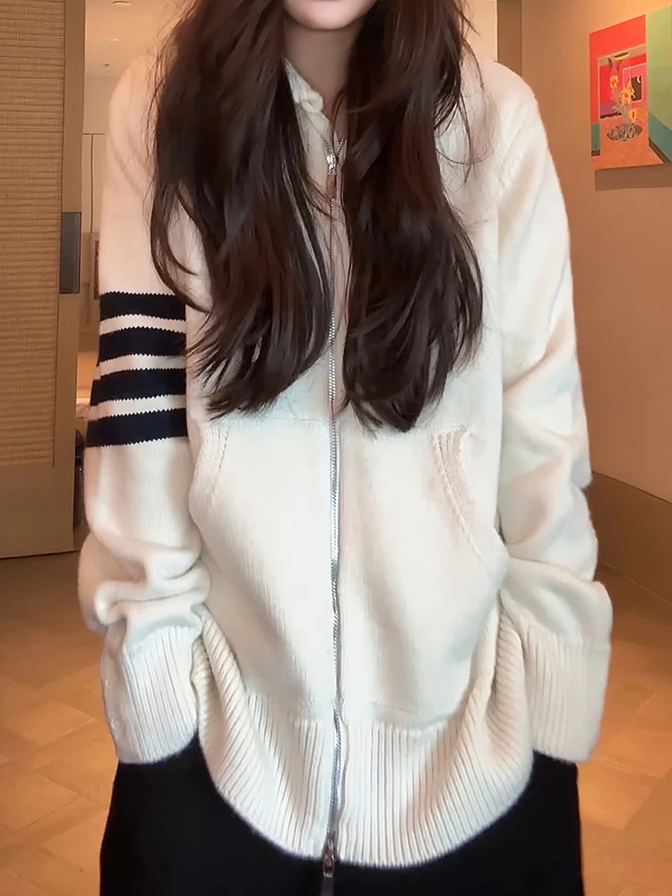 

Вязаный шерстяной кардиган женский на молнии, в полоску, с длинными рукавами, дышащий, из смесовой ткани: нейлон, полиэстер, хлопок