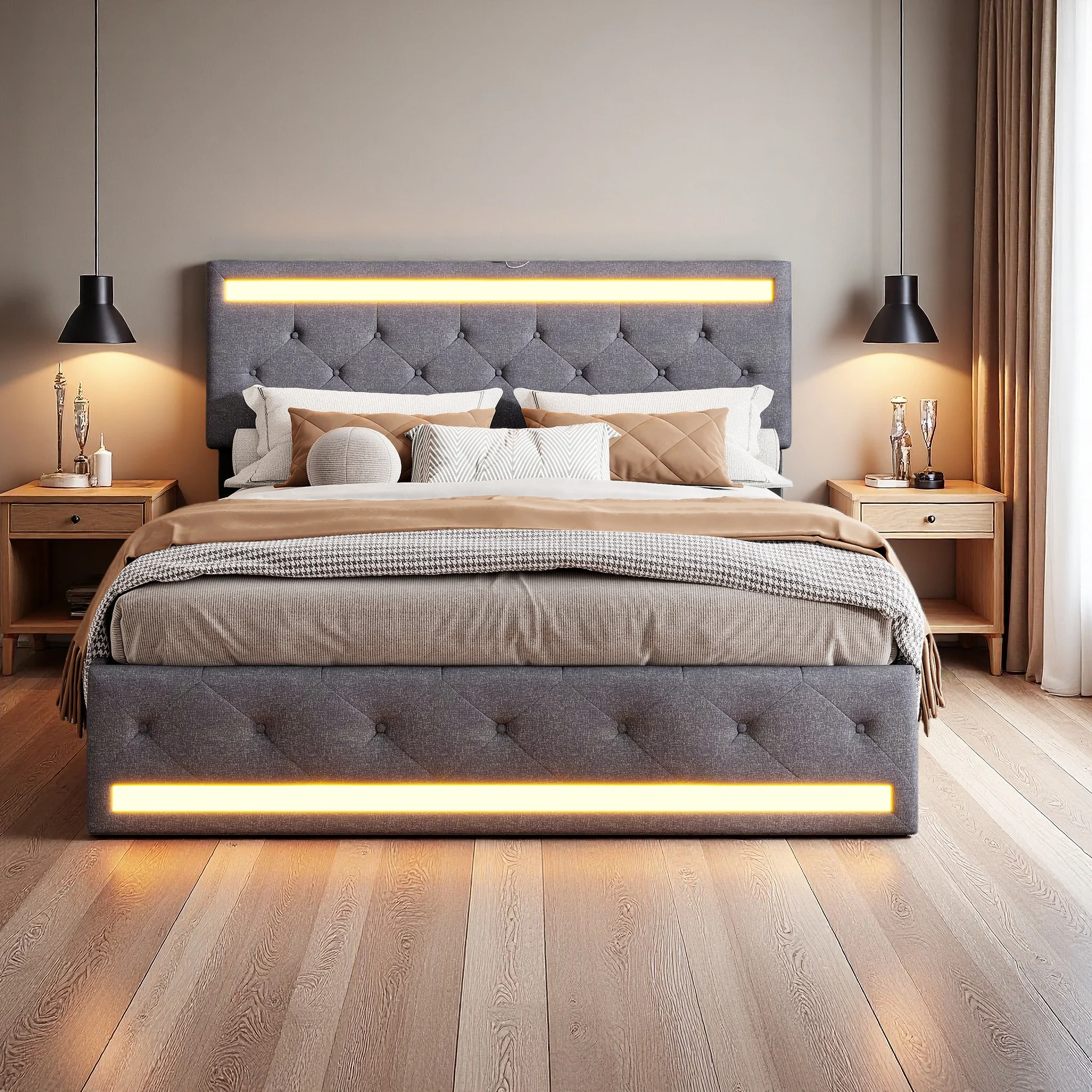 Comanlia Polsterbett mit Stauraum, Bettgestell mit Lichtleiste und USB-Ladefunktion, 4 Schubladen, Leinen, Dunkelgrau, 140x200cm