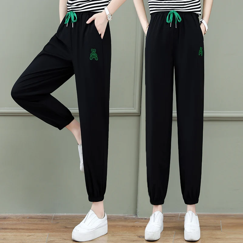 

Qui Dry Ice Silk Sports Pants Women's Thin Casual Harlan Loose Slimming Trousers Summer Casual Pants High Waist Nylon