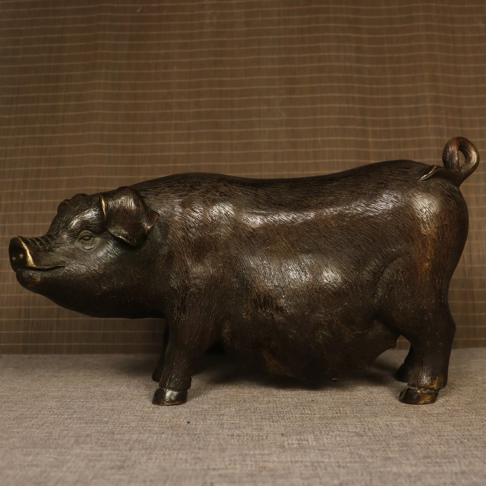 9"Tibetan Temple Collection Old Bronze Cinnabar Zodiac Pig Statue Lucky Pig Amass wealth Ornaments Town house Exorcism