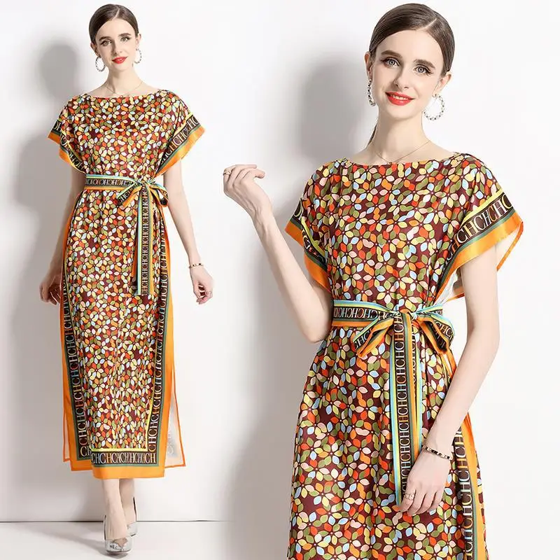 

CH Bohemian Leaf Print Batwing Sleeve Kaftan Dress Self Tie Belt Contrast Border Maxi Dress Resort Vacation Beach Wear ﻿