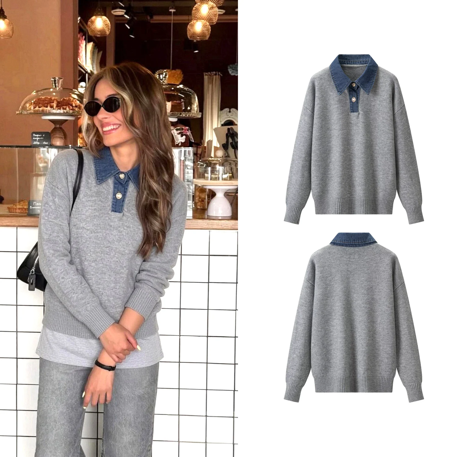 เสื้อสเวตเตอร์ถักลายปะผ้าเดนิม - Women Fashion Jeans Top บทวิจารณ์และราคา