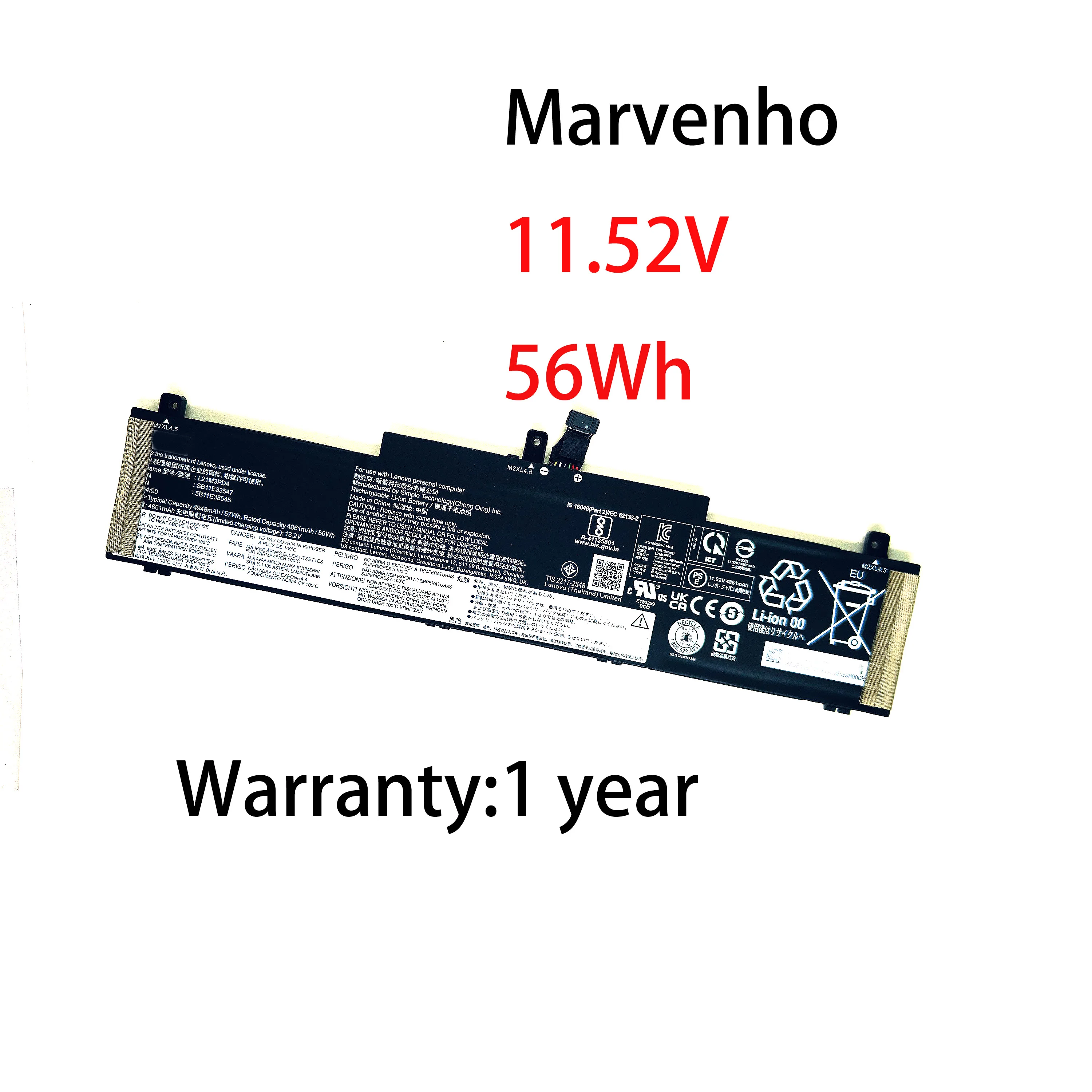 Marvenho New 11.52V  4861mah  56wh   L21M3PD4  L21C3PD4 L21D3PD4  Laptop Battery for  Lenovo  ThinkPad  T14 Gen 2