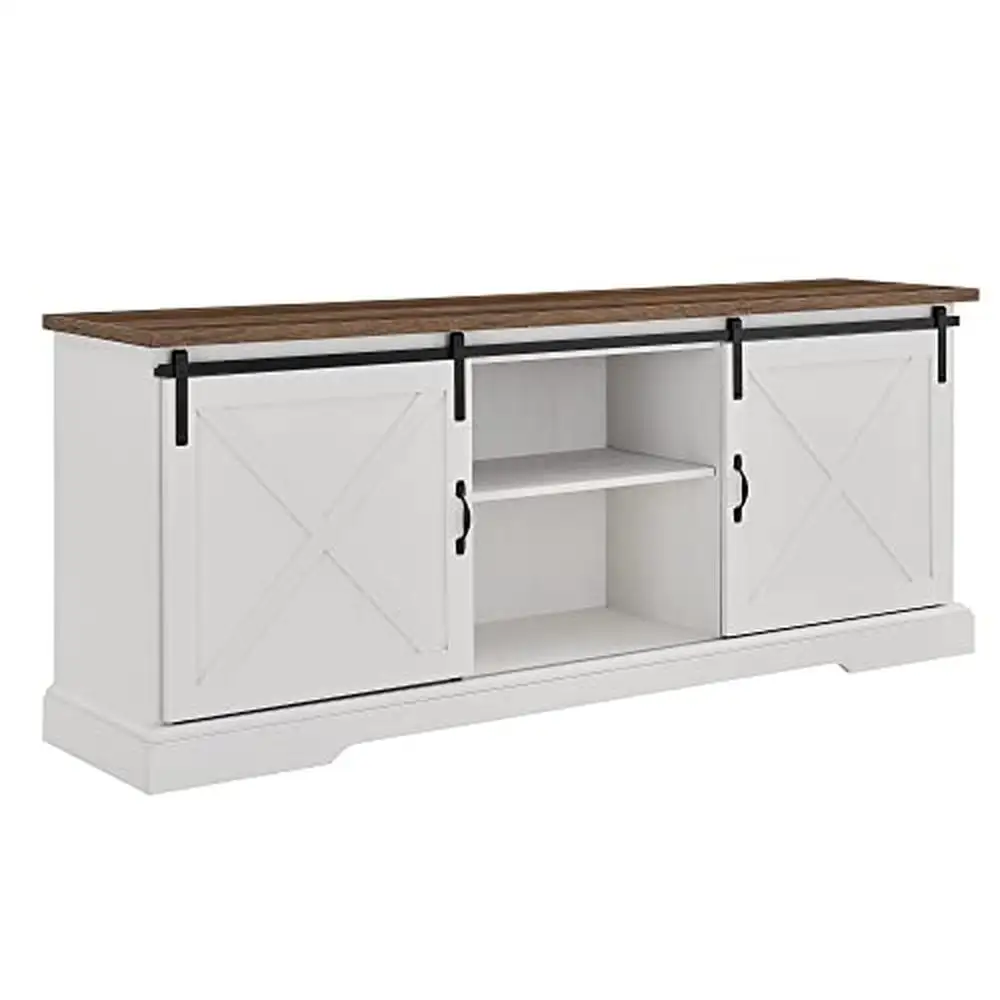 Rústico deslizante celeiro porta TV Stand, prateleiras ajustáveis, recesso madeira, branco, 80"