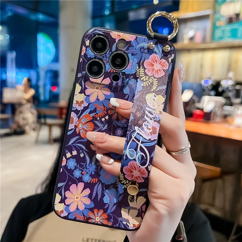 Poco X3 Pro F3 F5 X5 Pro M3 M4 M5 Mi 12T Pro 11T 10T 13 12 11 10 9 Lite Case Luxury Flower Wrist Strap Phone Holder Cover Coque