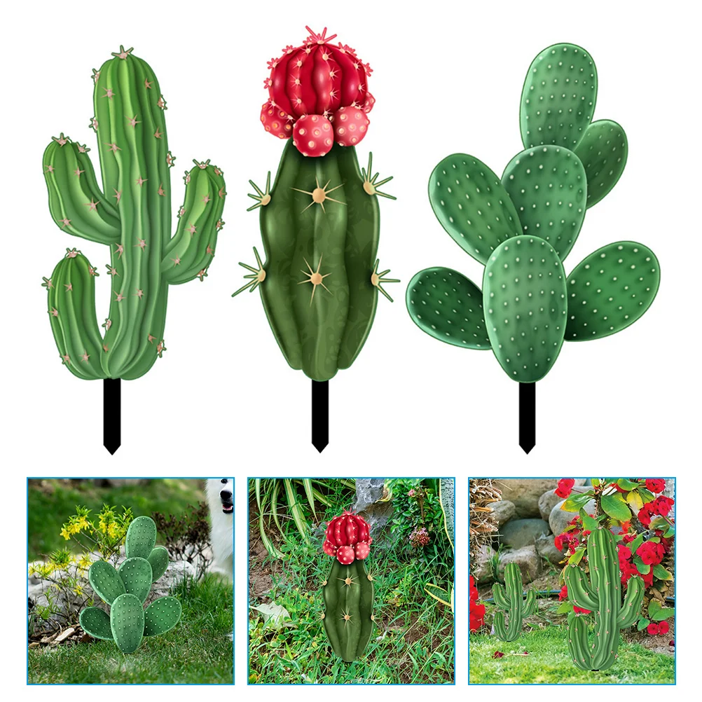 

3 Pcs Outdoor Decorations Cactus Card Yard Sign Statue 25X1546CM Lawn Stakes Garden Green