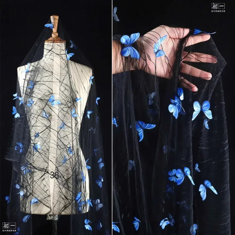 

Exquisite Blue Butterfly 3D Embroidery Mesh Fabric for DIY Design of Performance Costumes By The Yard
