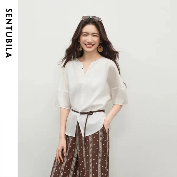 SENTUBILA Women's Minimalist Office Chiffon Simple White Shirt Detachable Belt V Neck Slit Hem Drop Shoulder Blouse 162VA6594