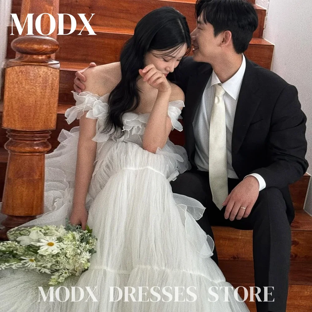 MODX Fairy Off Shoulder A-line Wedding Dresses Ruffle Crape Korea Photoshoot Floor-Length Customised Bridal Gowns 2025 웨딩드레스