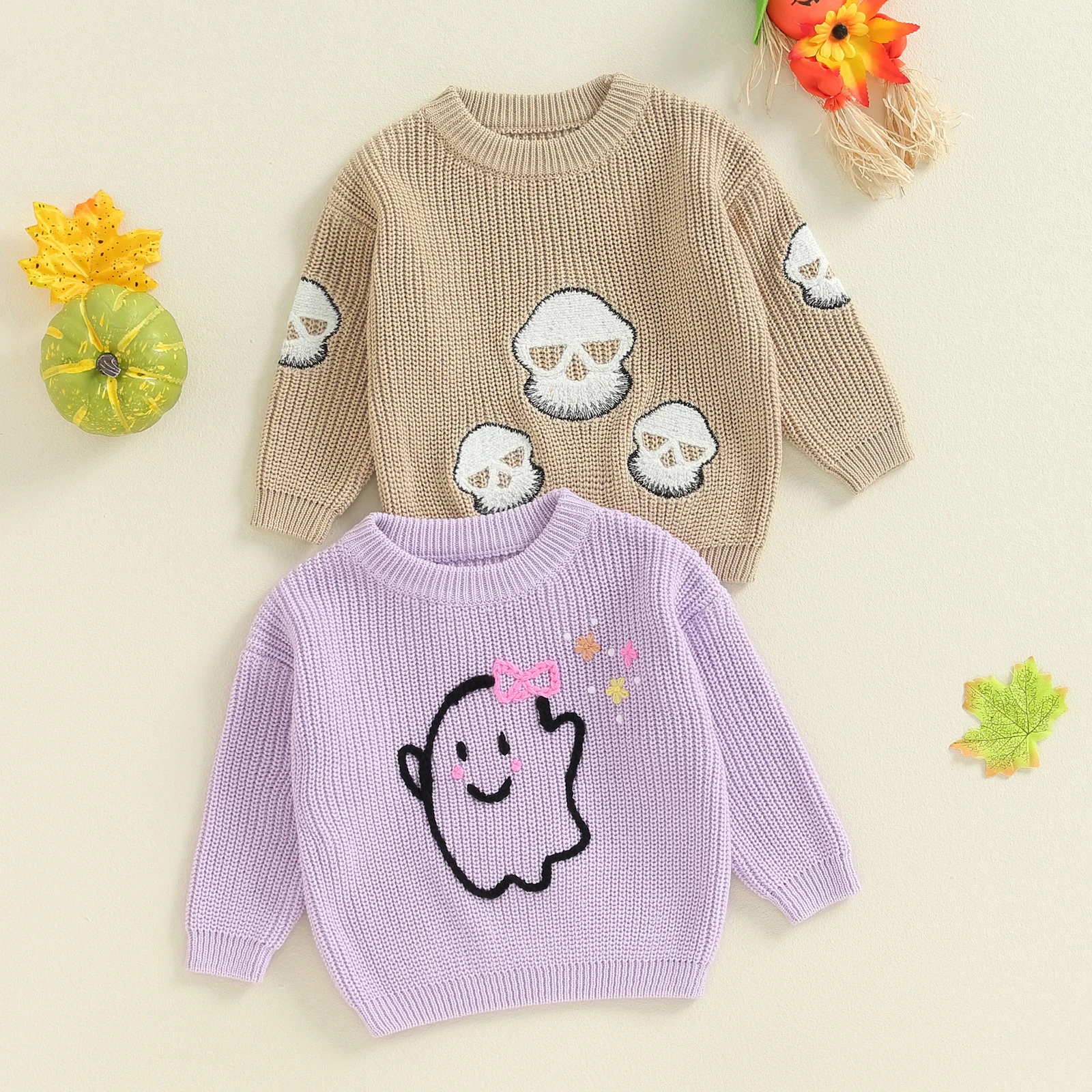 Baby Halloween Sweaters Long Sleeve Round Neck Ghost/Skull Embroidery Sweaters Tops Toddler Kids Knitted Sweatshirts Knitwear