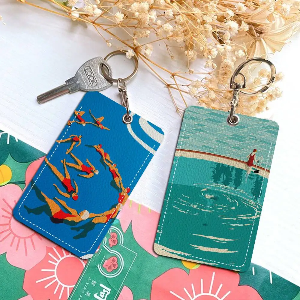 Swimming Pool Drawing Style PU Access Card Holder With Keychain - Executive Protection For Bank Card,Subway, Bus Card Case