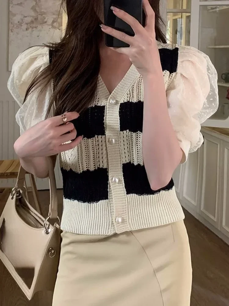 

Корейский трикотаж, кардиган в милую полоску, Y2k, топ, модный свитер для женщин, туника с v-образным вырезом и пышными рукавами, Sueter Mujer