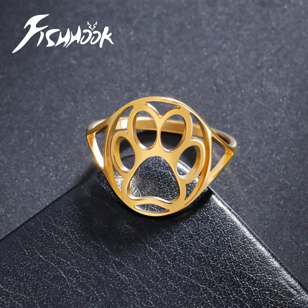 Fishhook Paw Finger Ring Dog Bear Hollow Stainless Steel Gold Color Jewelry Kid Child Gift for Men Woman Couple