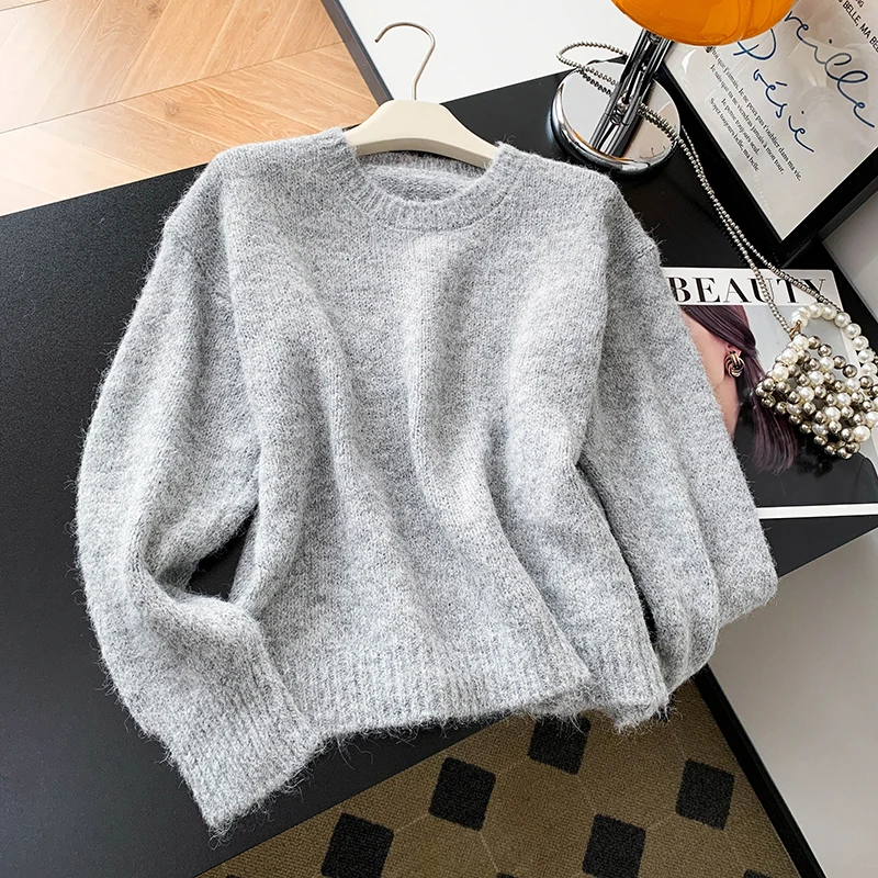 Sweter damski z dzianiny wełnianej z wysokiej półki na jesień 2025, okrągły dekolt, odkryte ramiona, jesienno-zimowy bazowy...