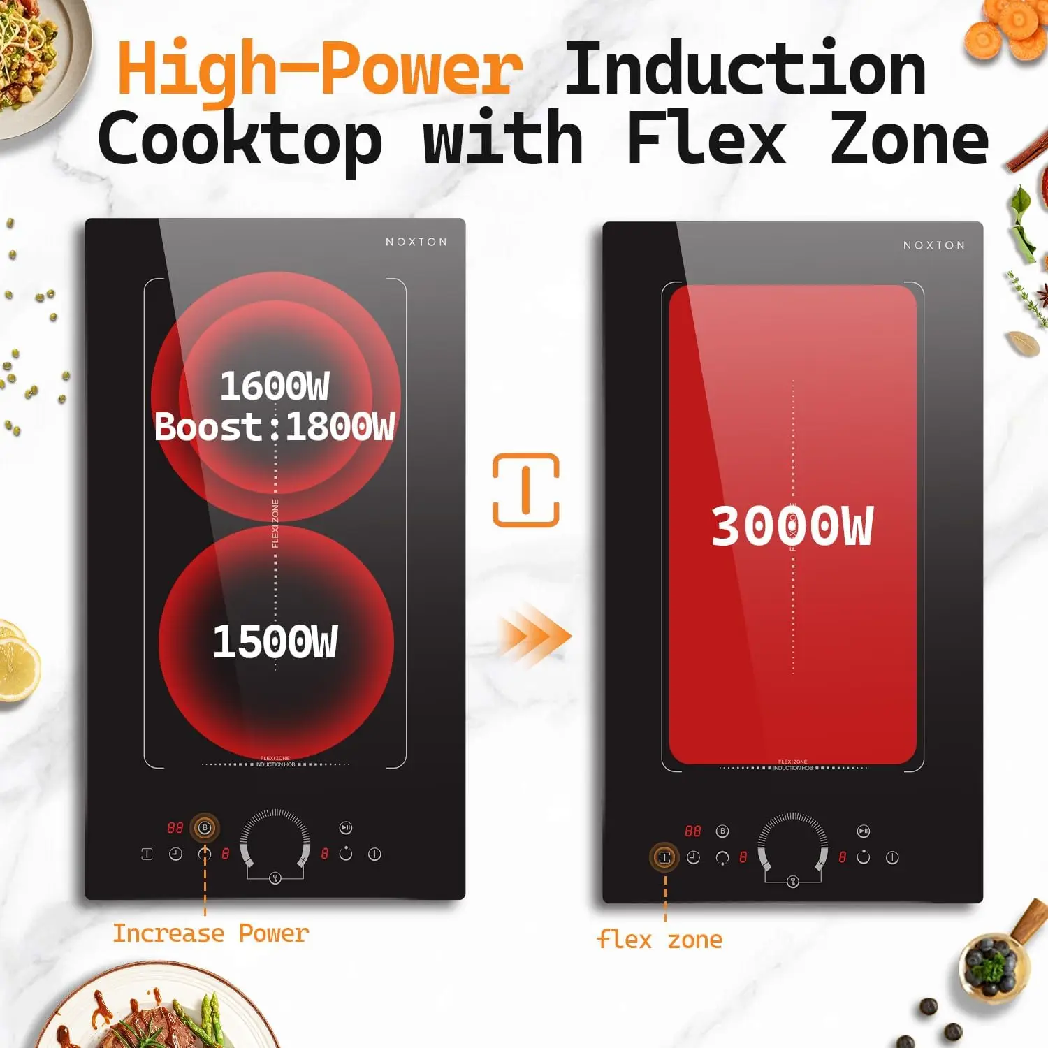 NOXTON Cocina de Inducción Doble 30cm, 2 Hornallas, Zona Flex, 9 Niveles, 3500W, Control Táctil, bloqueo de seguridad, Temporizador, 220-240V