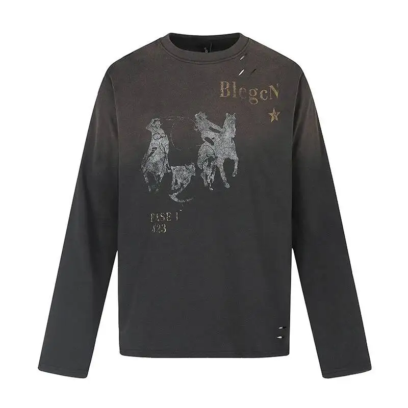 Faded Punk Washed Long Sleeve Pullover Tee For Men Retro Knight Graphic Ripped Loose Crew Neck Casual Autumn T-shirt IX9W