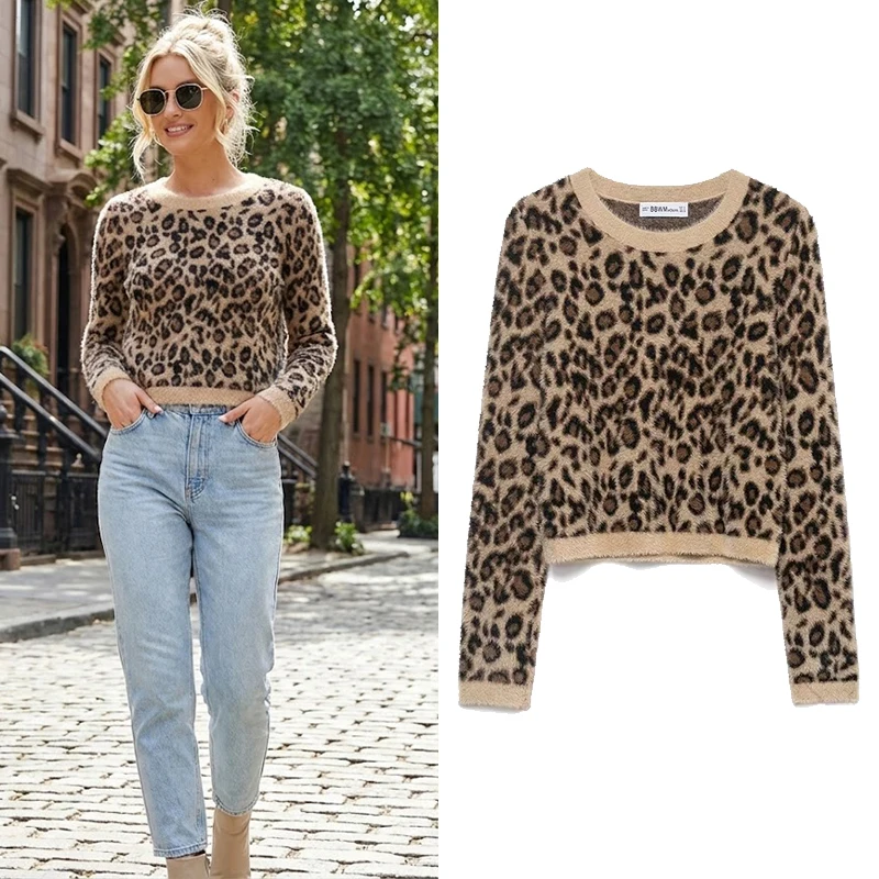 

Willshela женский модный вязаный пуловер из искусственного меха с животным принтом, винтажный свитер с круглым вырезом и длинными рукавами, женские шикарные женские топы