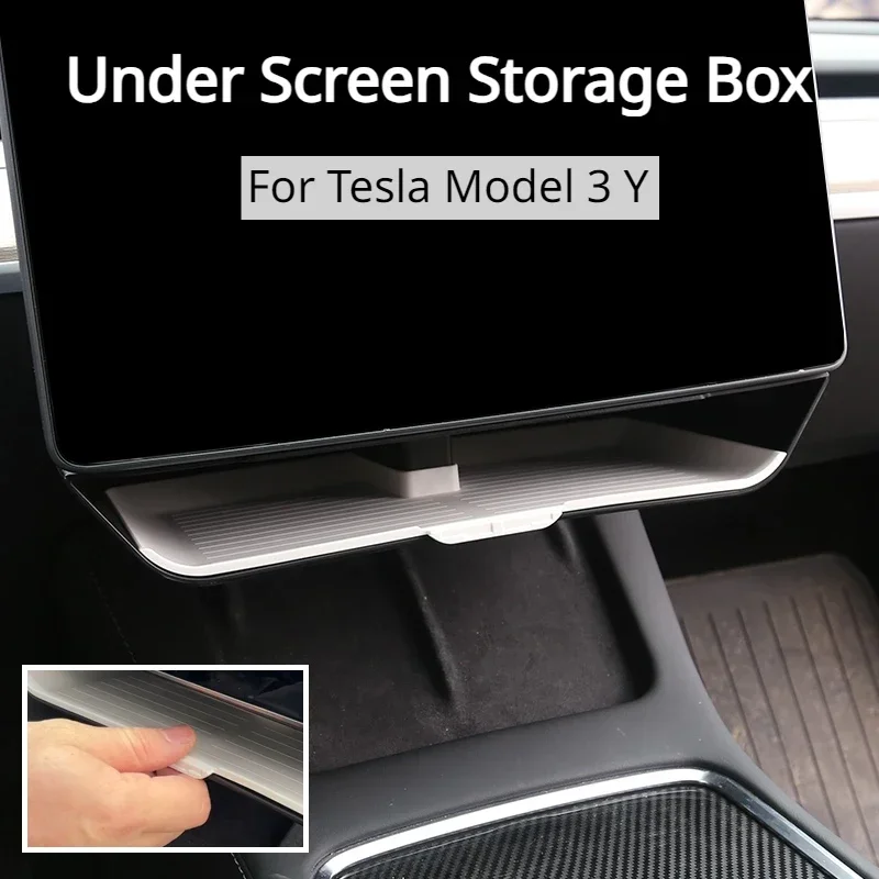 Caja de almacenamiento debajo de la pantalla para Tesla Model 3 Y, organizador de doble capa para consola central, TPE + ABS, accesorios para coche, 2023