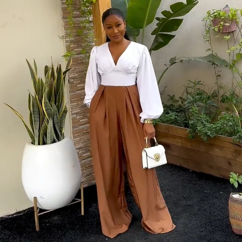 

New sweet and fresh V-neck lantern sleeve shirt high waist wide leg pants two-piece set fashionable simple and versatile tempera