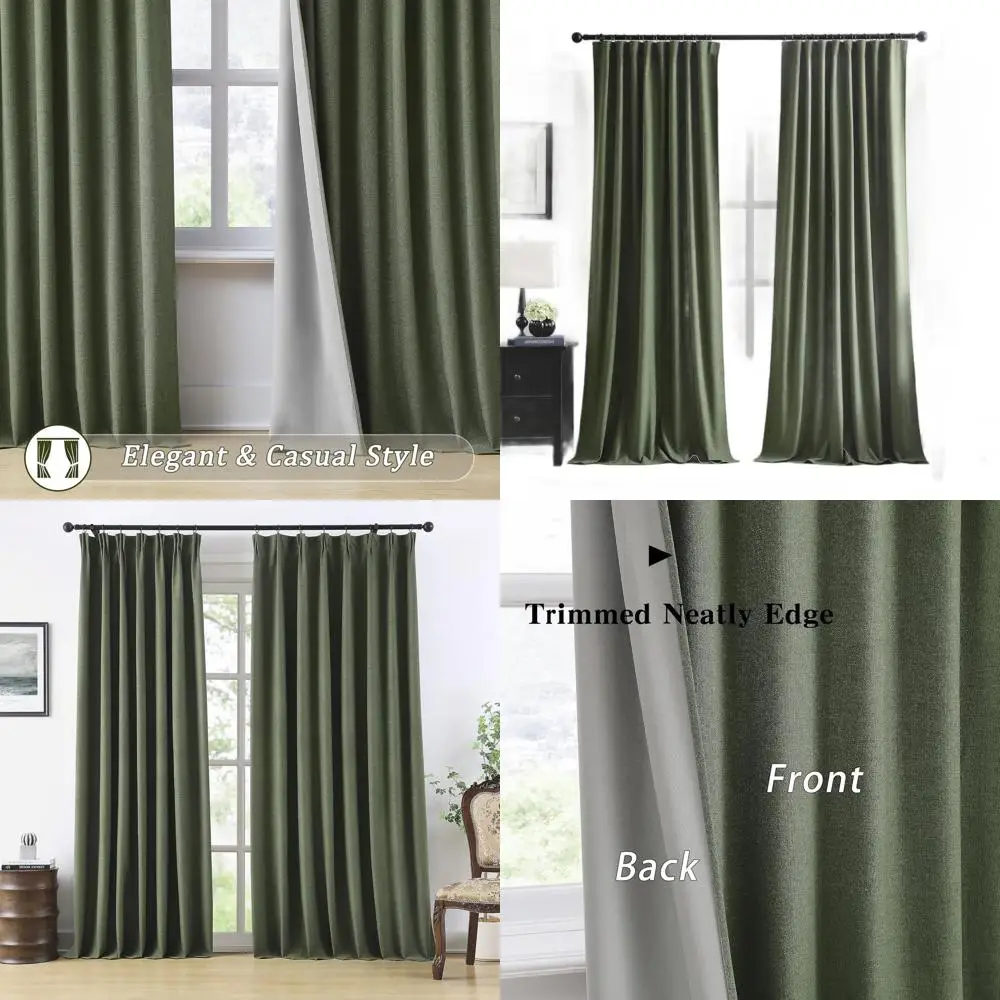 

Широкие льняные шторы блэкаут с крючками, ширина 70 дюймов, для окон 60-72 дюйма, 2 панели, плиссированные для карнизной системы, 70x96, оливково-зеленые