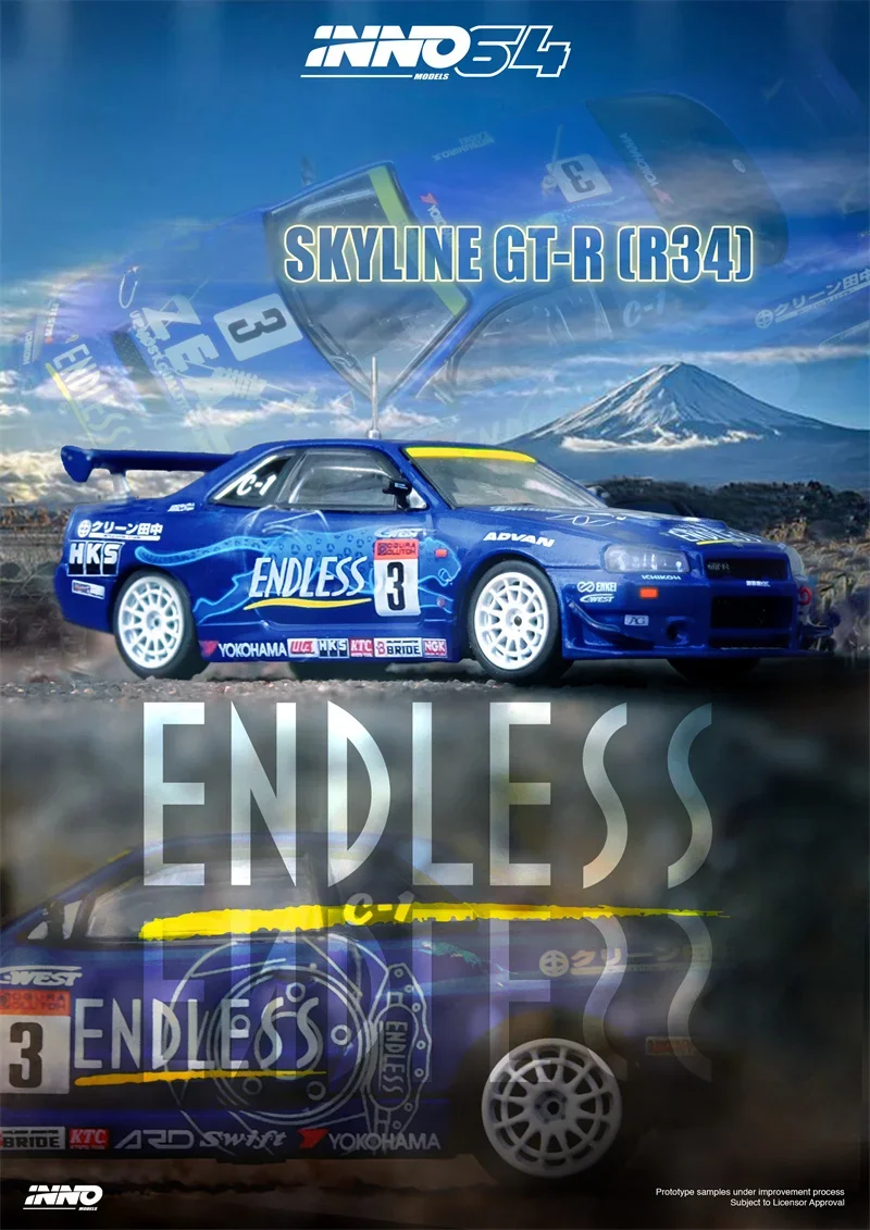

INNO 1:64 SKYLINE GT-R R34 # 3 "ENDLESS ADVAN" Super Taikyu Series 2002 Синяя модель автомобиля