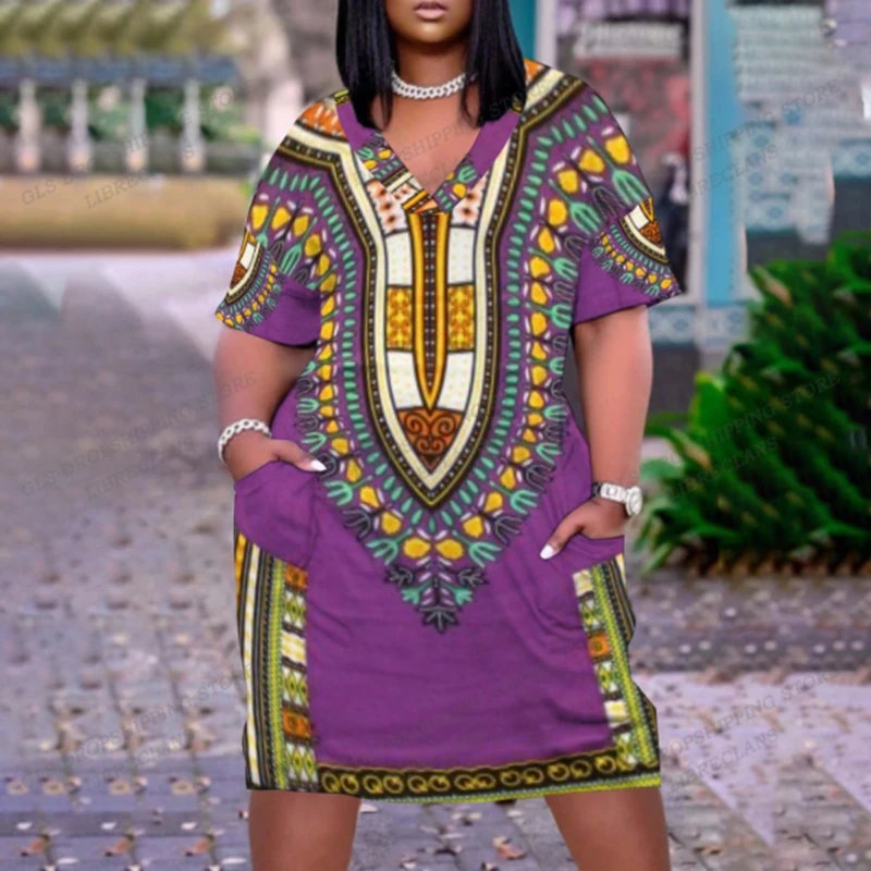 African Dress Women Fashion Bohemian Dashiki Dresses Midi Sexy Short Sleeve Party Evening Dress Saudi Elegant V-neck Sundress