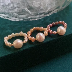 Big Baroque Pearl Charm Elastic Rings for Women Girls Irregular Small Real Freshwater Pearl Strand Wedding Rings Elegant Jewelry