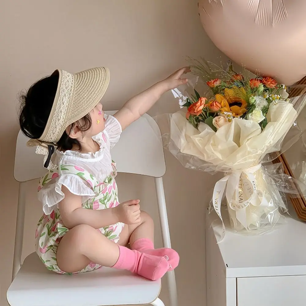 

Fashion Summer Baby Straw Caps Korean Beach Bow Lace Straw Hat Empty Top Wide Brim Children Sun Hat Travel