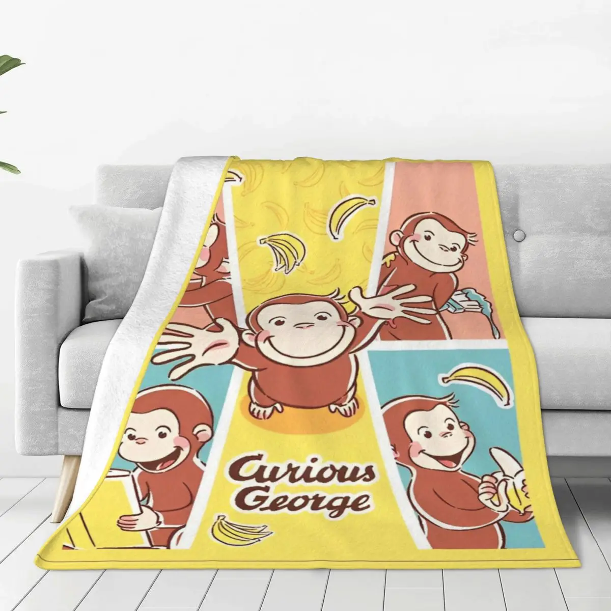 Funny Monkey Curious George Flannel Blanket Cartoon Custom Throw Blankets for Bed Sofa Couch 150*125cm Bedspread