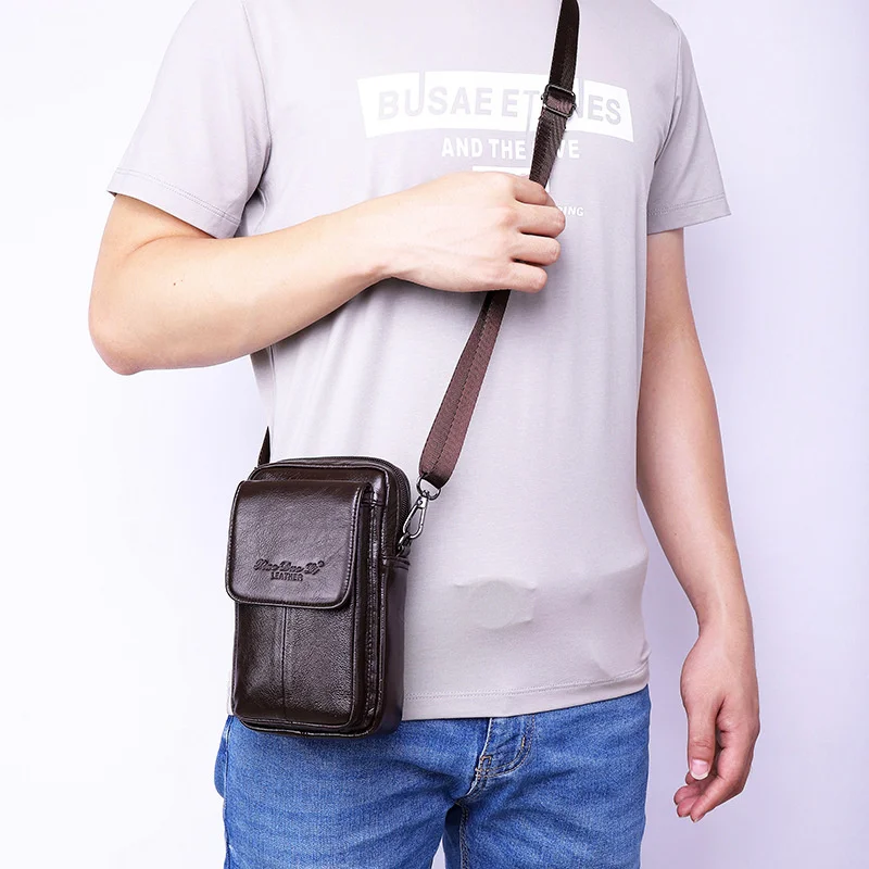 Men\'s 7-inch cross body shoulder bag Leather mobile phone waist bag Wearing belt waist bag Multi functional mobile phone bag Cow