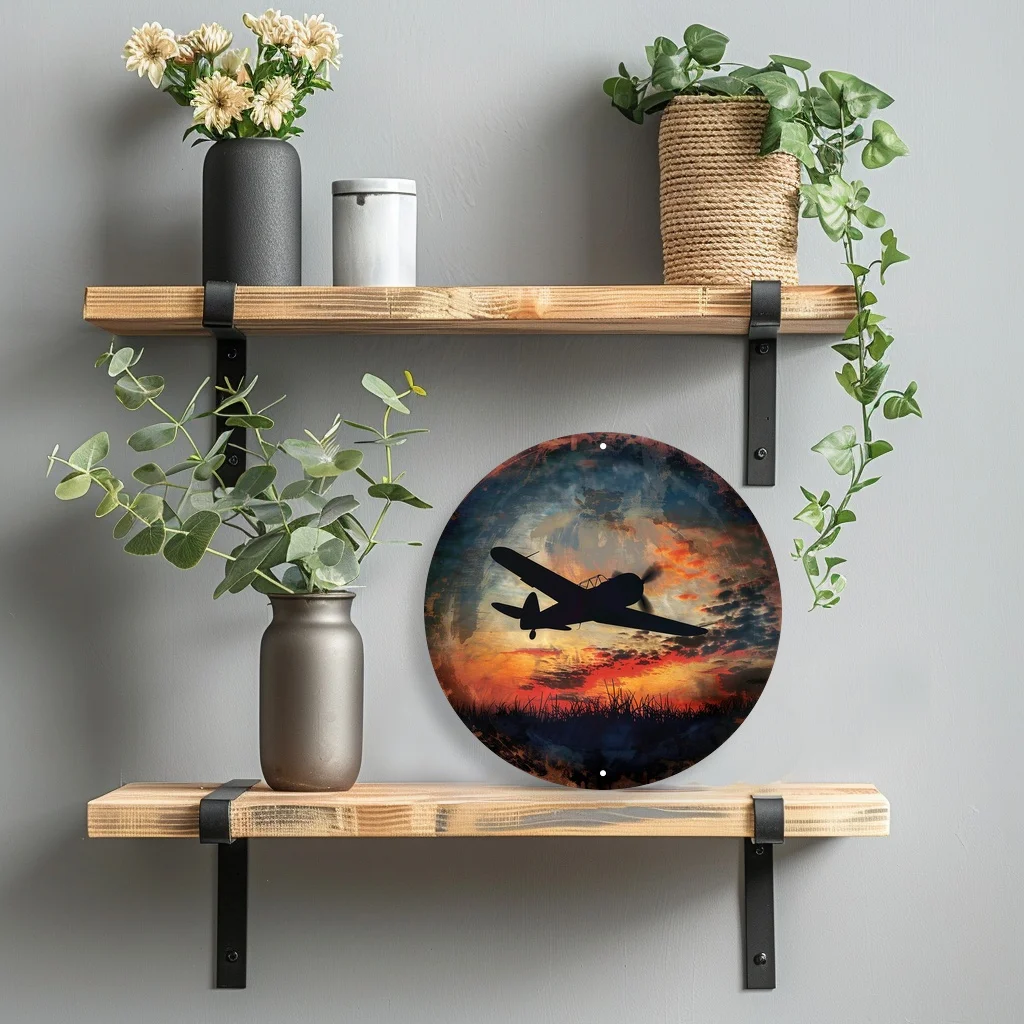 2D Flat, 2D Flat - 1 Vintage Airplane Silhouette Metal Wall Art, Featuring a Dramatic Sunset Sky Design with an 8-inch Circular