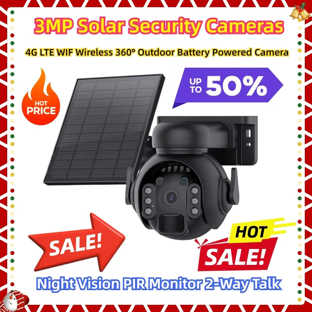 

3MP Solar Security Cameras 4G LTE WIF Wireless 360° Outdoor Battery Powered Camera Night Vision PIR Monitor 2-Way Talk