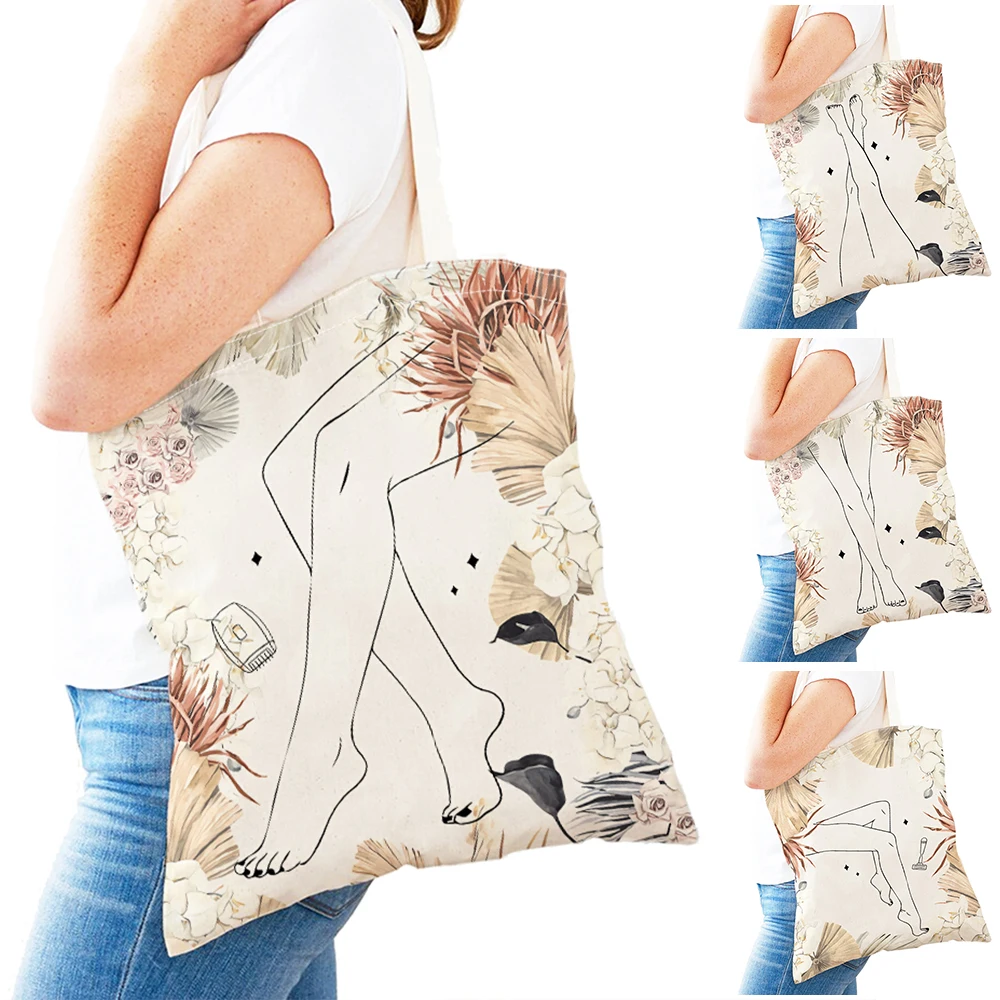 

Beautiful Long Legs Women Shopping Bags Tropical Rose Flower Double Print Casual Shopper Bag Lady Canvas Tote Travel Handbag