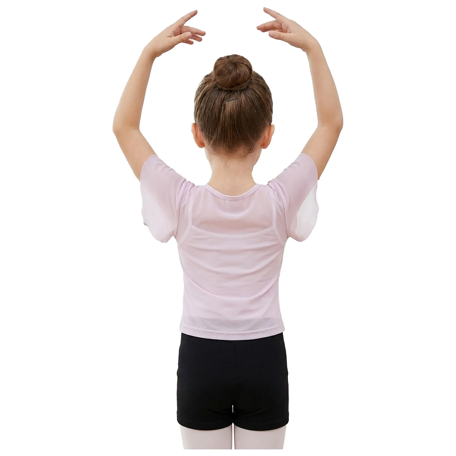 Kids Girls Classical Dance Tops Basic Short Sleeve V-neck Sheer Mesh Top Ballet Dance Gymnastics Yoga Training Warm Up Clothing