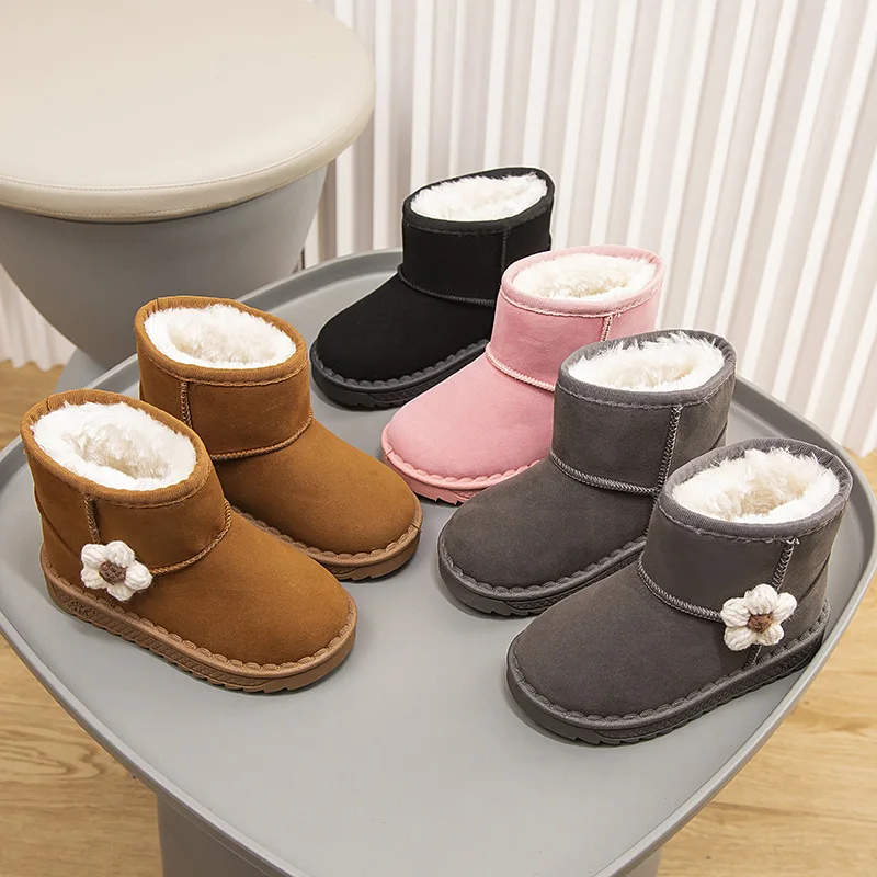 Girls Winter Snow Boots Kids Plush Boots Appliques Furry Platform Suede Autumn Children Flexiable Non-slip Warm Short Shoes