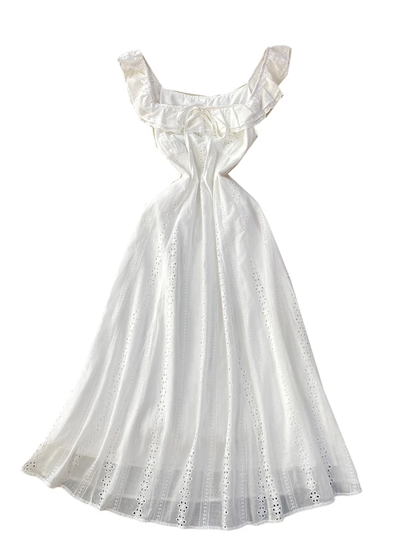 White Summer Fairy T Long Dr High Waist Hollow out Hook Embroidery Square Collar Women's Dr A-Line Silhouette Maxi D...