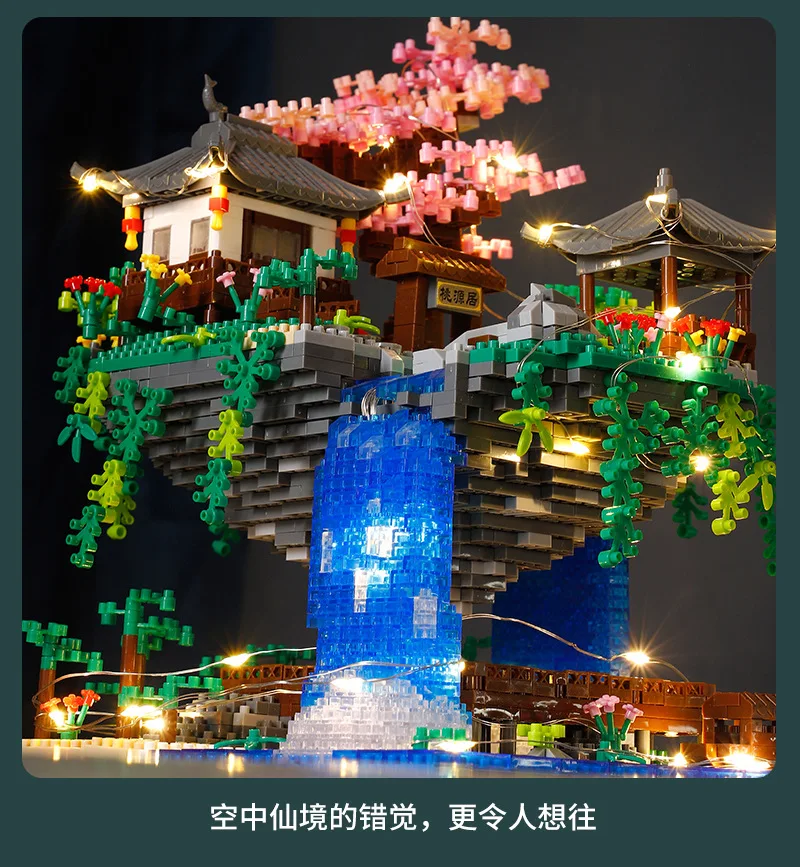 3320Pcs Peach Blossom Pool Air Tree House Building Blocks Suzhou Garden DIY Assembly Bricks Toy LED Light Mini Diamond For Kid