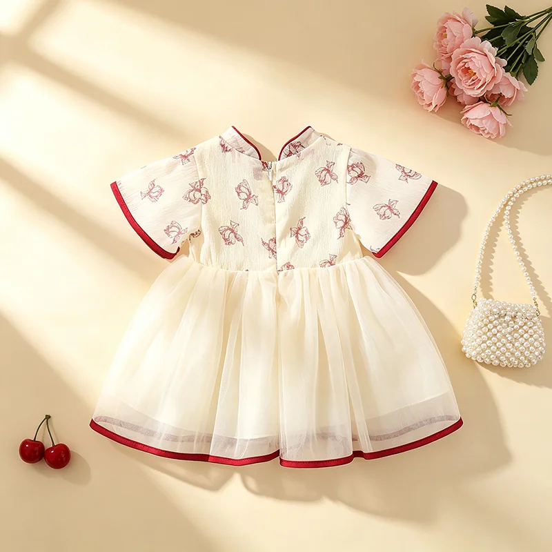 Toddler Baby Girls Chinese Style Qipao Tulle Dress Children Short Sleeve Floral Cheongsam With Double Bows Vintage Mesh Dresses