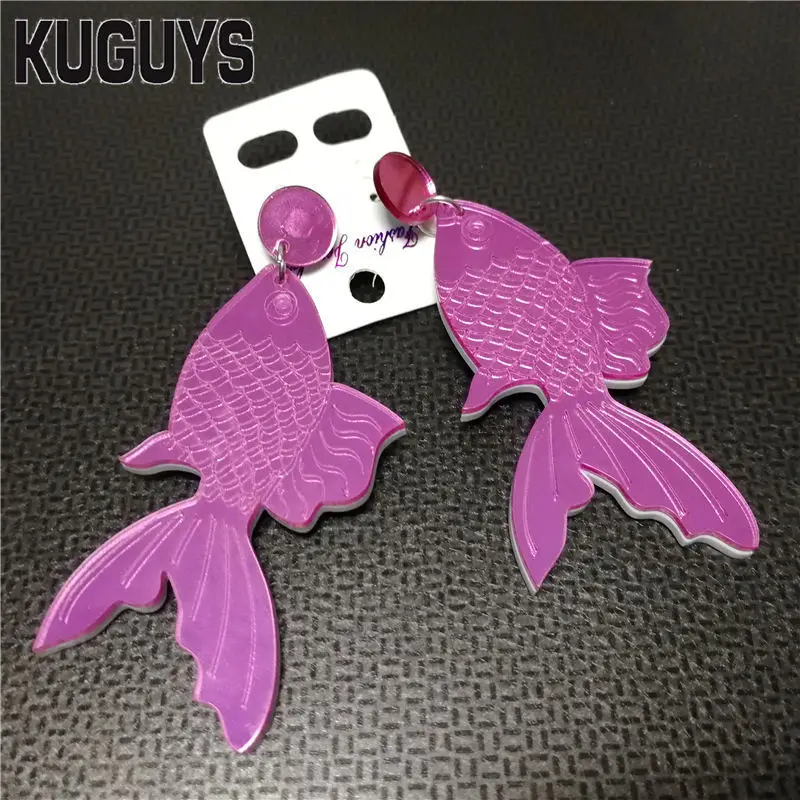 KUGUYS Acrylic Jewelry for Women Long Drop Dangle Earrings Fashion Mirror Pink Gold Color Good Luck Koi Fish Girl's Gift