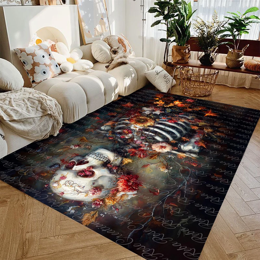 Vintage Text Rose Skull Printed Carpet Dark Wind Animal Carpet Suitable for Bedroom Living Room Home Decoration