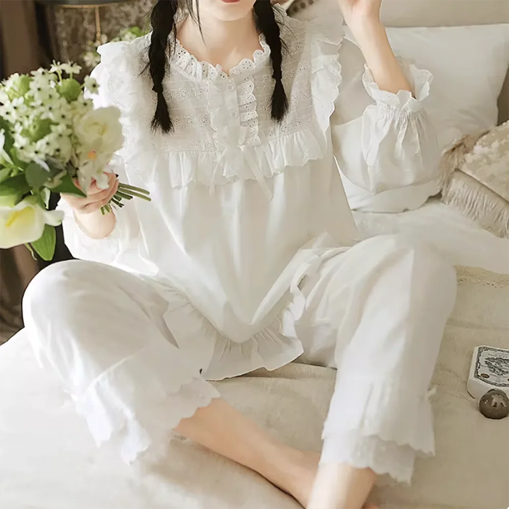 Women Princess Long sleeve Lace Ruffle Pajama Sets Tops+Pants.Vintage Ladies Cotton Pyjamas Set Victorian Girl\'s Home Sleepwear