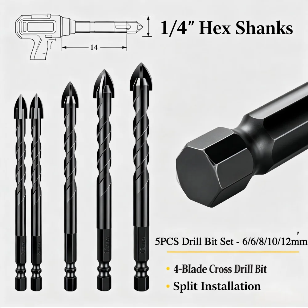 Four-Edge Cross Tip Carbide Drill Bit Hex Shank Multi-Material Punching Bit for Tile, Concrete, Brick, Marble & Wood