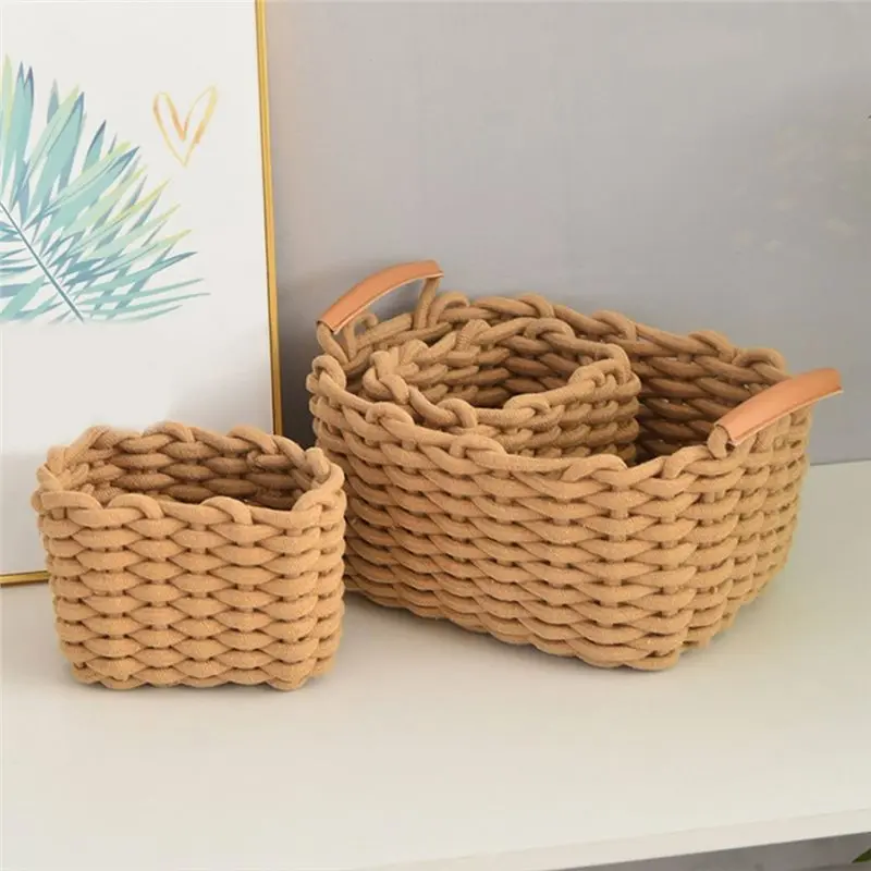 ABFU-Woven Cotton Rope Storage Baskets, 3-Pack Nesting Khaki Color, Decorative Organizer Bins Featuring Handles