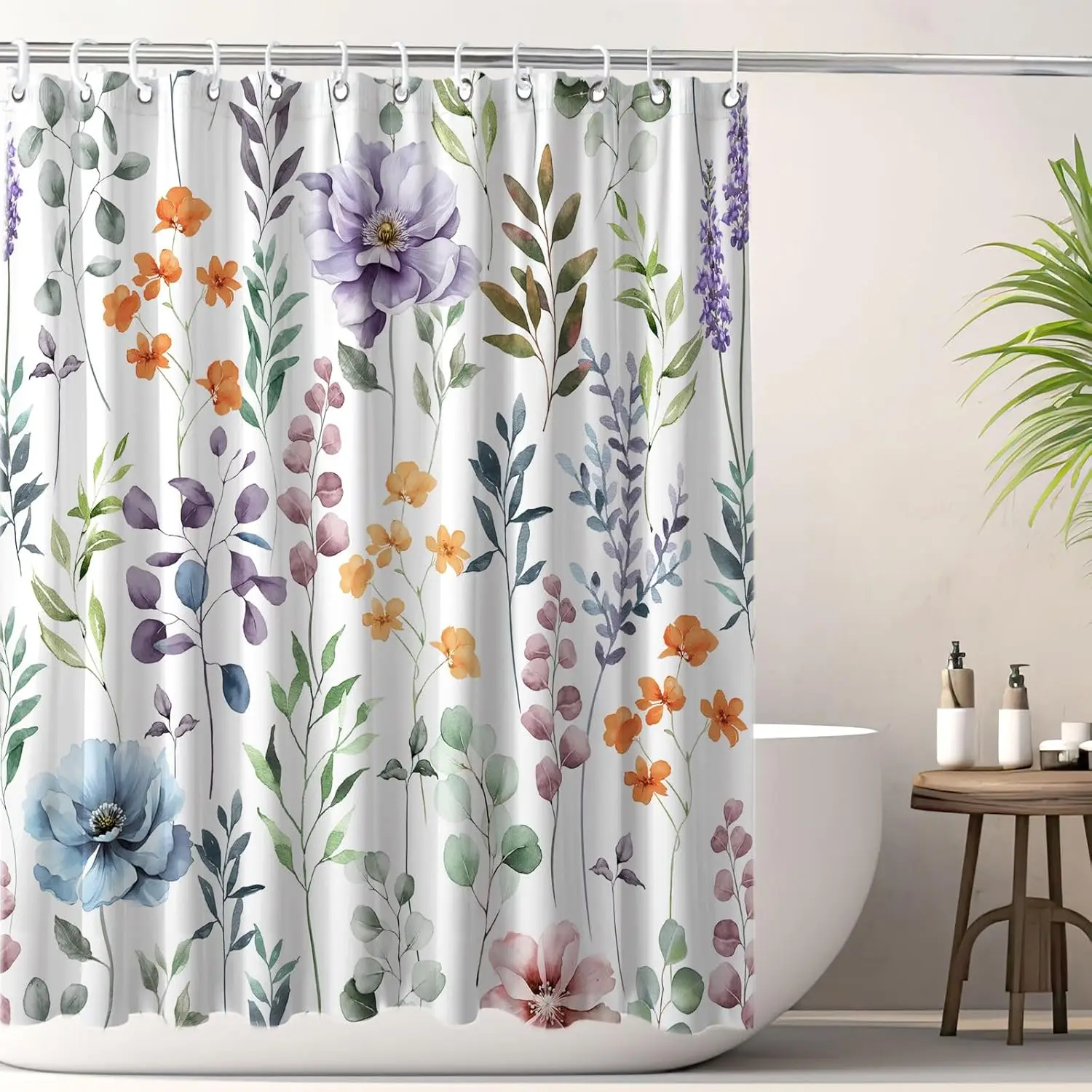 

Акварельная шторка для душа с синими, фиолетовыми, оранжевыми цветами и зелеными листьями для современной ванной комнаты