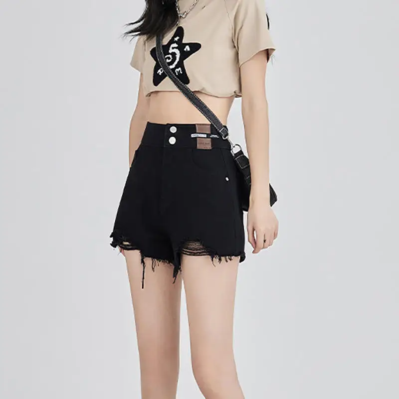 High Waist A-Line Skinny Denim Shorts Women's Summer Thin New Style Double Buckle Wide Leg Jeans Trendy Hollow out Design