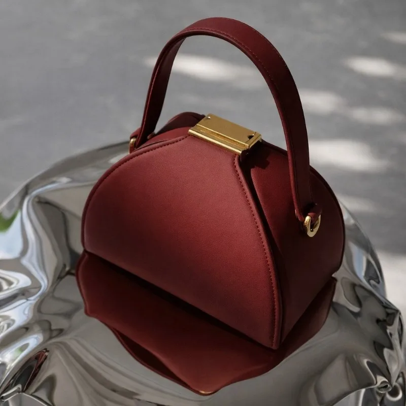 Retro Semi-circular Box Handbag Fashion Designer Solid Color PU Leather Top-handle Bag Squeeze Lock Flap Shoulder Crossbody Bag